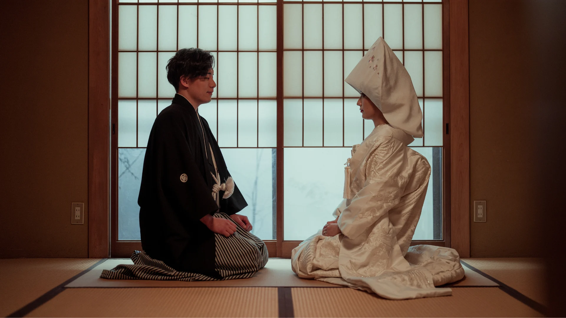 A serene moment of reflection during a Shinto wedding, highlighting the harmony and elegance of Japanese tradition.
