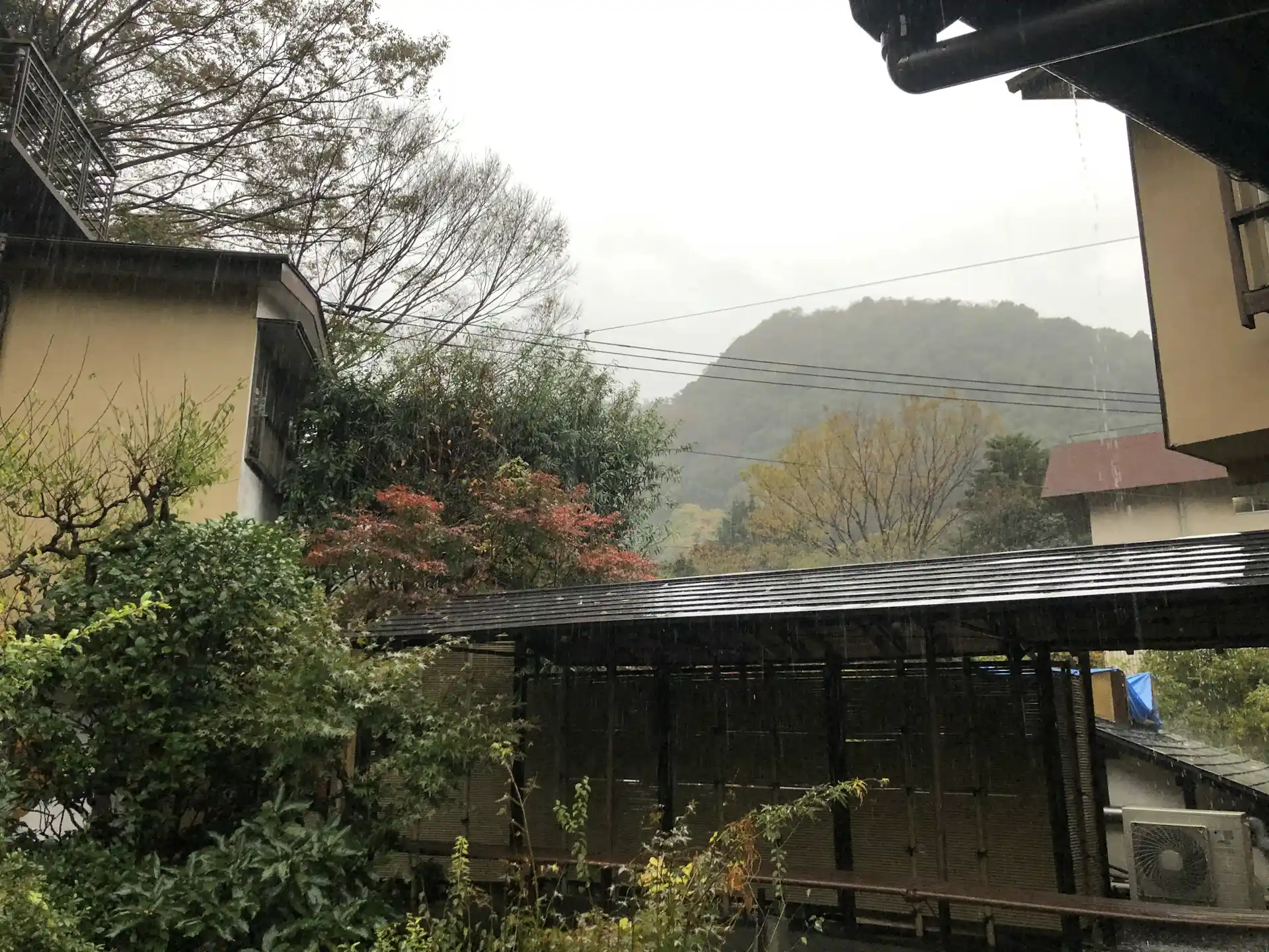 Rainy view of lush gardens and mountains from a traditional Japanese inn with wooden terraces.
