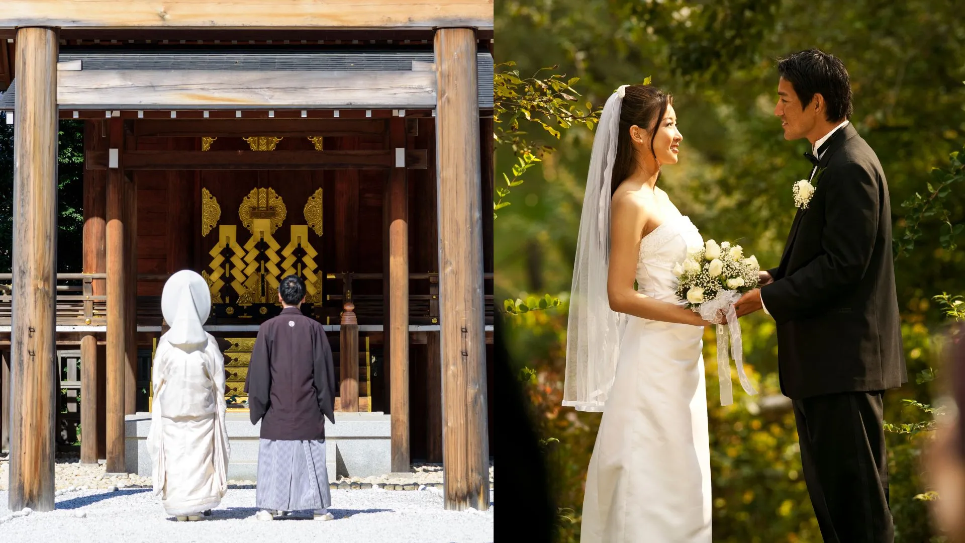 A bride and groom in Western wedding attire exchanging vows outdoors, alongside a Shinto ceremony scene showing a couple in traditional Japanese wedding dress at a shrine in Japan.